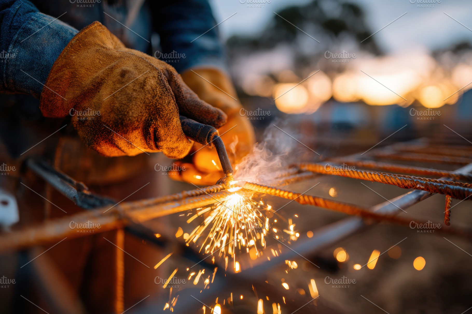 Worker welding metal rebar at sunset, an Industrial Photo by AlyaAnd