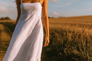 Woman walking in country field during golden hour, experiencing, a Photo by Studio ANNA