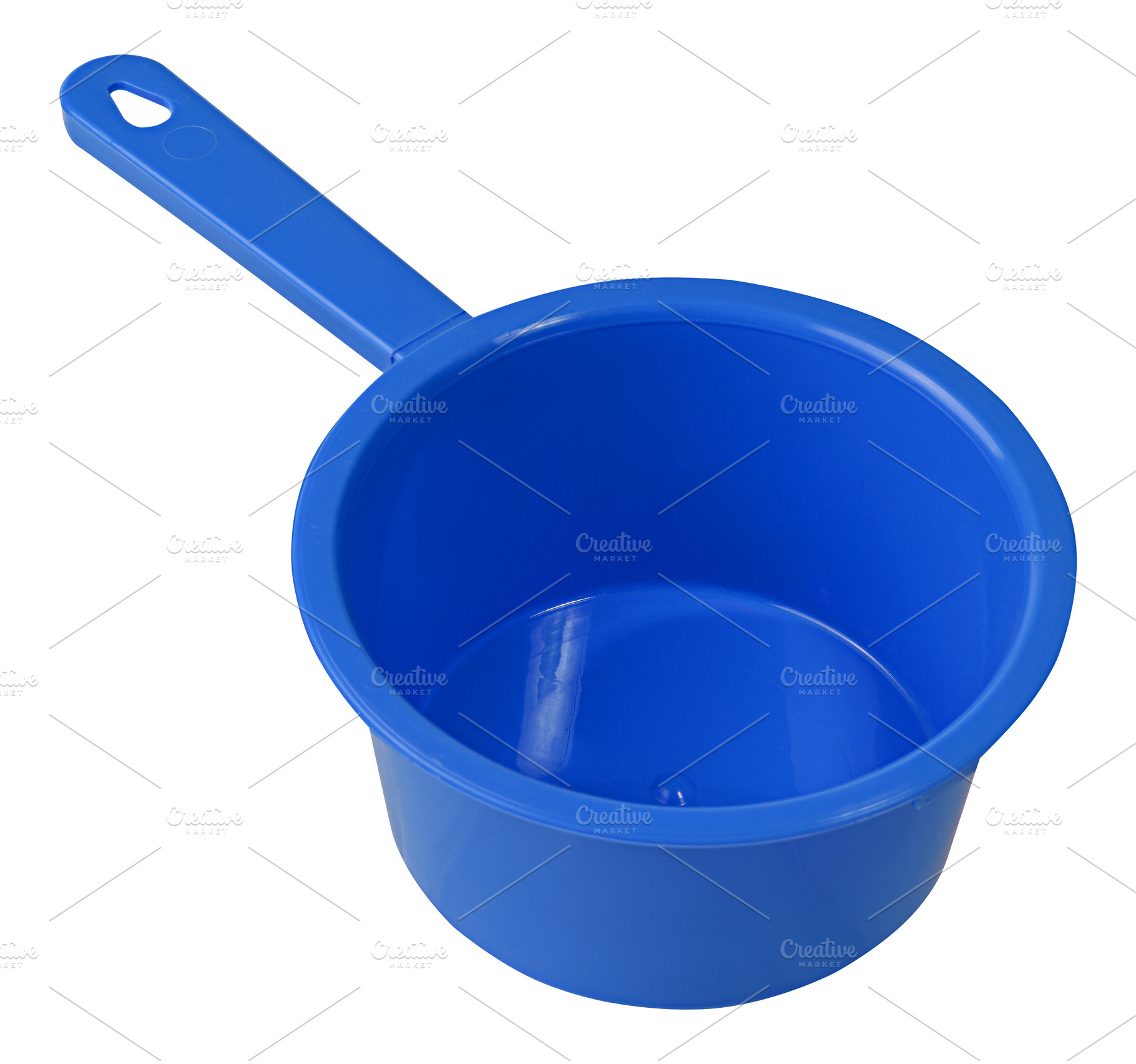 Empty plastic kitchen ladle of blue color with long handle, isol, an Abstract Photo by ndanko