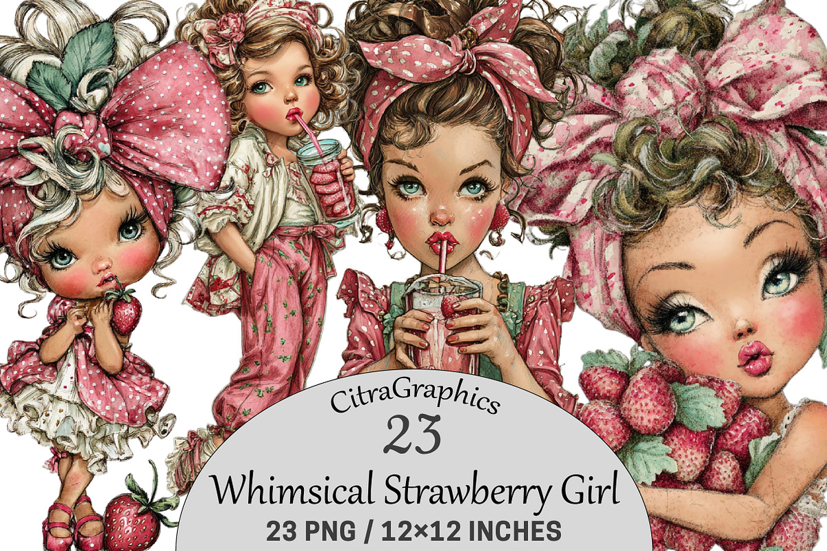 Whimsical Strawberry Girl Clipart, a Seasonal Illustration by CitraGraphics (Photo 1 of 6)