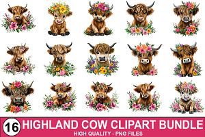 Boho Cow PNGs with Flowers Bundle, a Graphic by crative8112