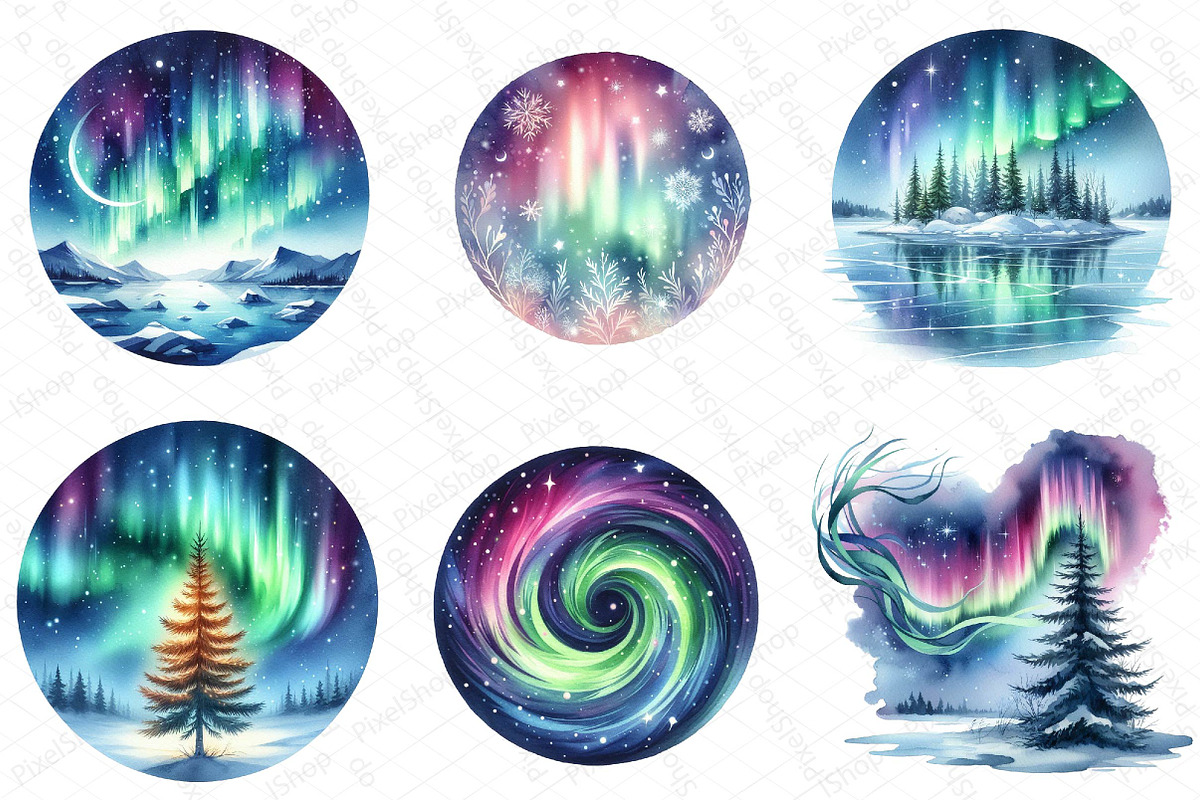 Watercolor Northern Lights Clipart, an Illustration by DreamPrint404 (Photo 2 of 6)