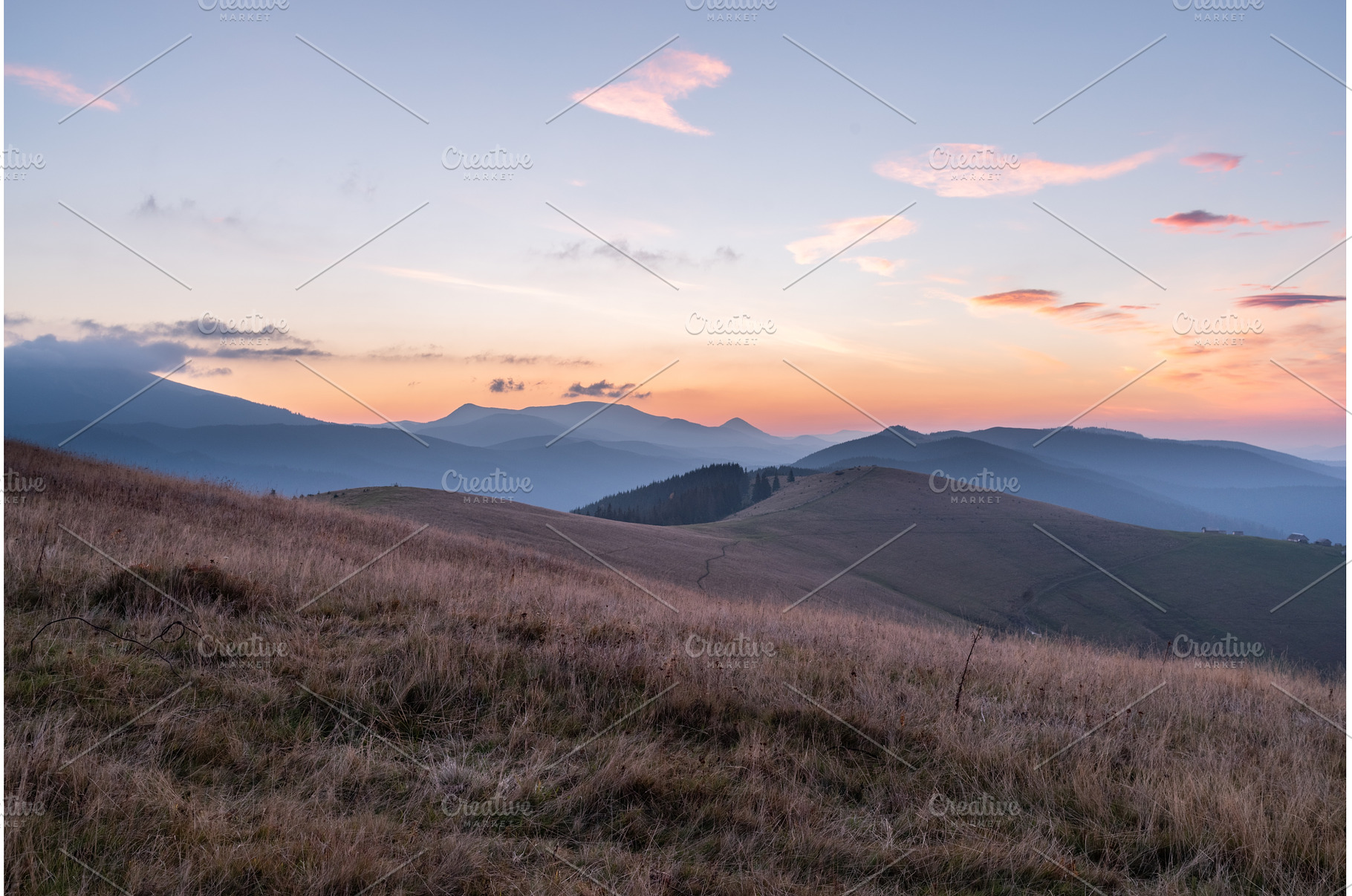 Majestic mountain sunrise with pink, a Nature Photo by Stockphoto by vzwer