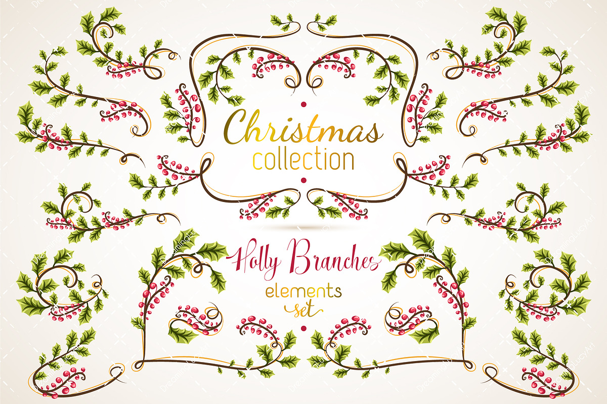 Holly Branches big Set, a Decorative Illustration by Dreaming_Lucy (Photo 1 of 3)