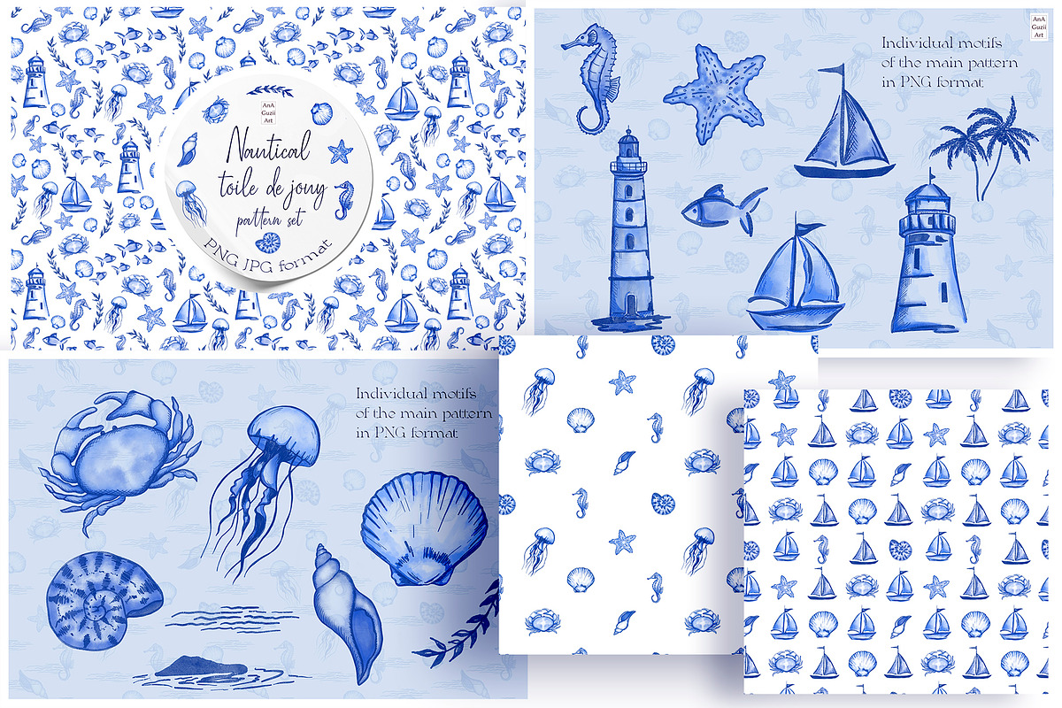 Nautical Toile de Jouy Seamless Patt, a Pattern Graphic by AnaGuziiArt (Photo 9 of 9)