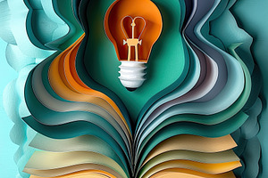 Open book with yellow pages and orange light bulb in layered pap, a Background Photo by José Manuel Gelpi