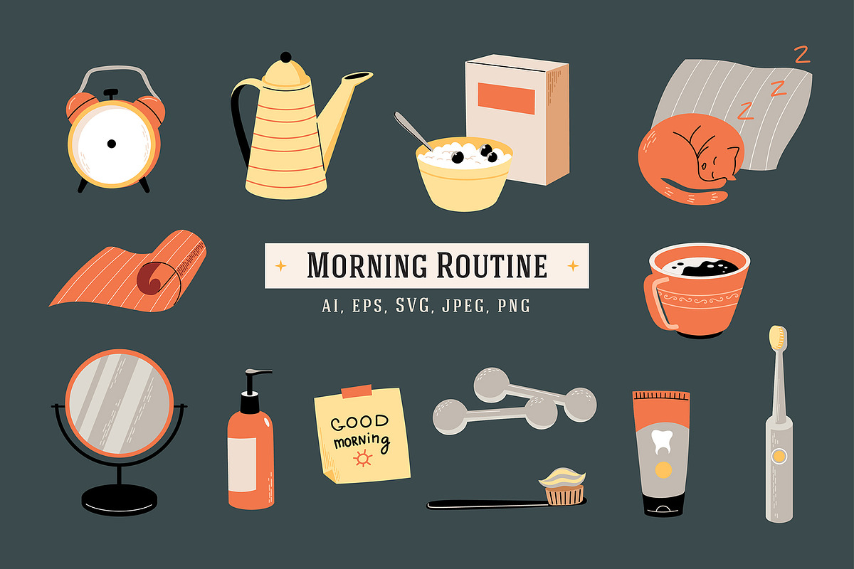 13 Morning Routine + 1 Pattern, an Object Illustration by helenreveur (Photo 1 of 3)
