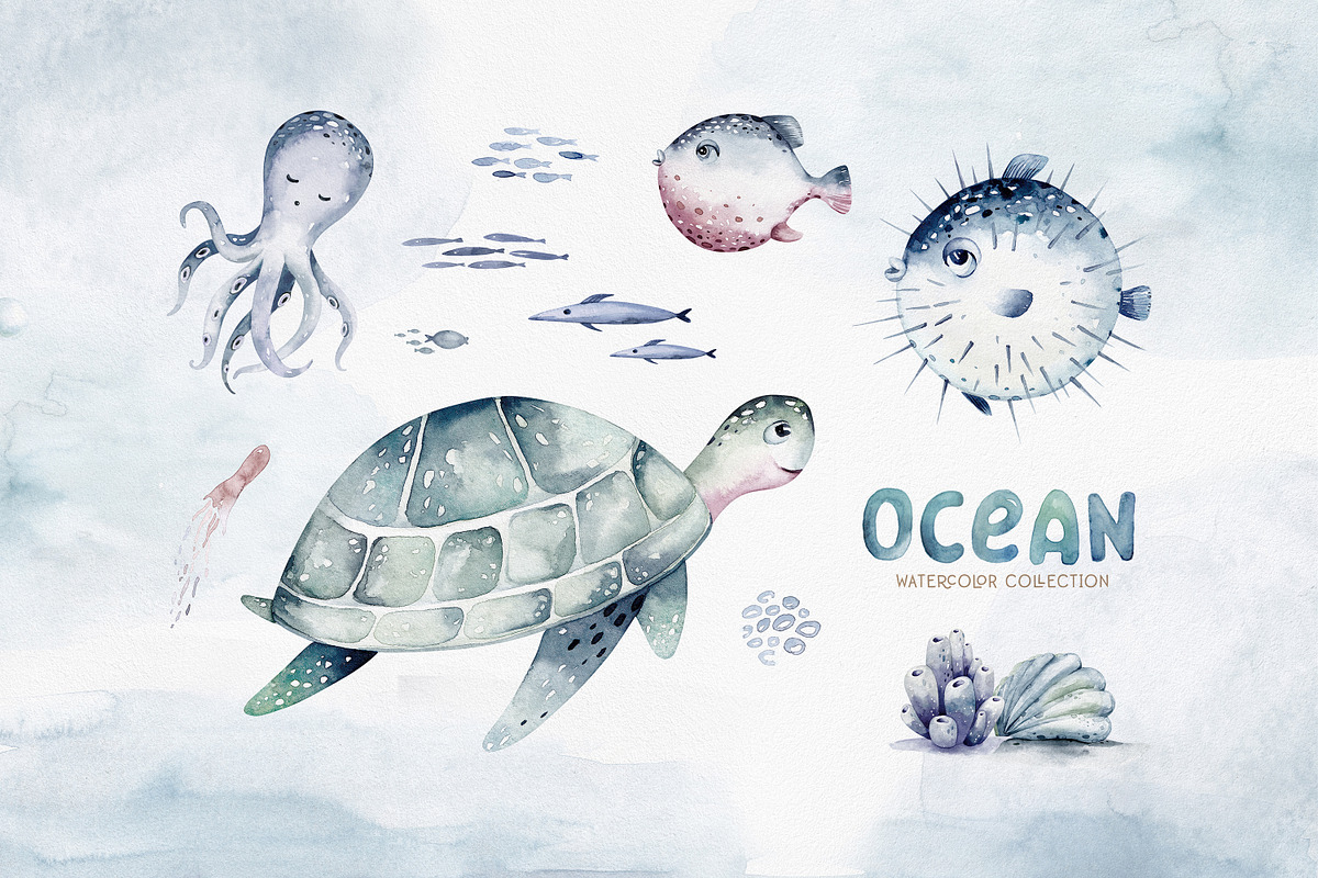 Ocean watercolor set, an Animal Illustration by Peace ART (Photo 4 of 12)