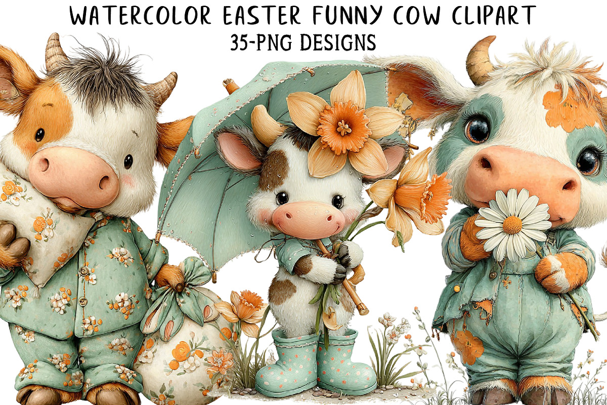 Watercolor Easter Funny Cow Clipart, an Illustration by Daily.Designs (Photo 1 of 8)