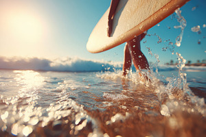 Surfer walking in shallow water at sunset, a Person Photo by AlyaAnd