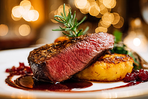 Gourmet steak cooked to medium rare, served with crispy potatoes, a Food & Drink Photo by Studio ANNA