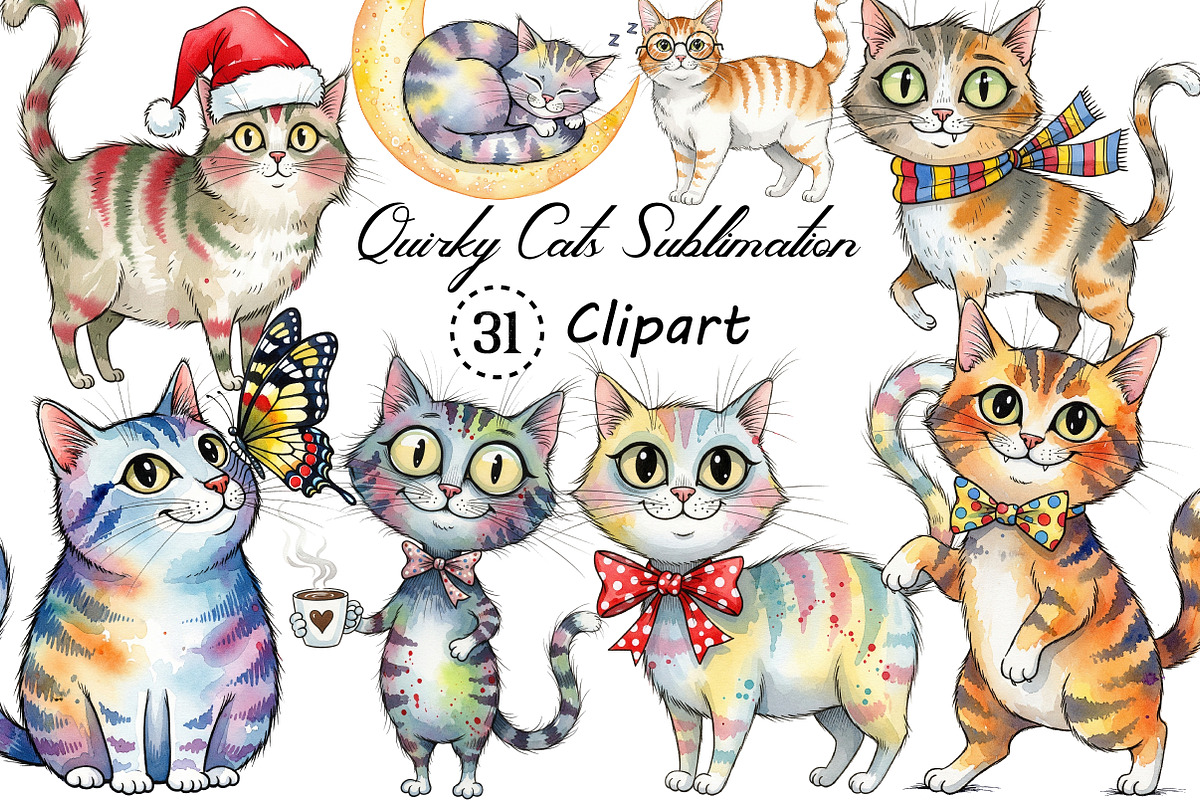 Quirky Cats Sublimation Clipart, an Illustration by Creative Art (Photo 1 of 9)