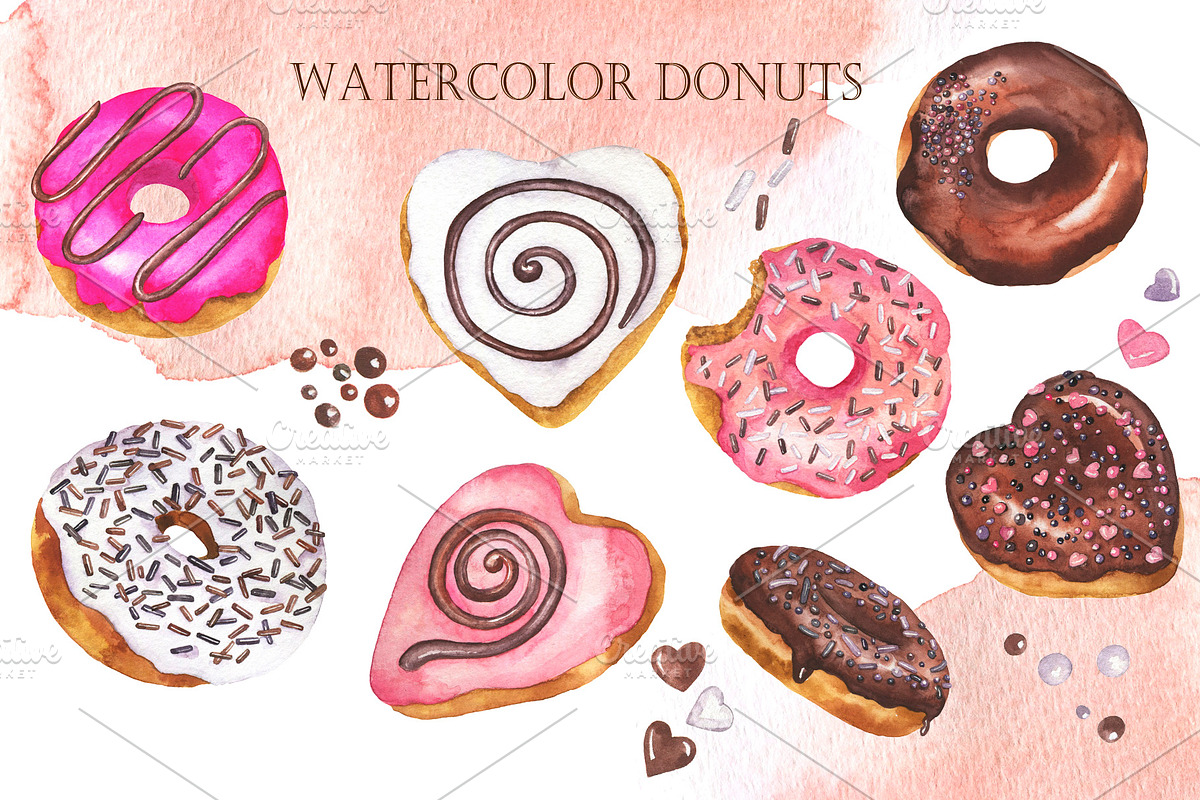 Watercolor donut set, a Food Illustration by Watercolor & sketches (Photo 3 of 7)