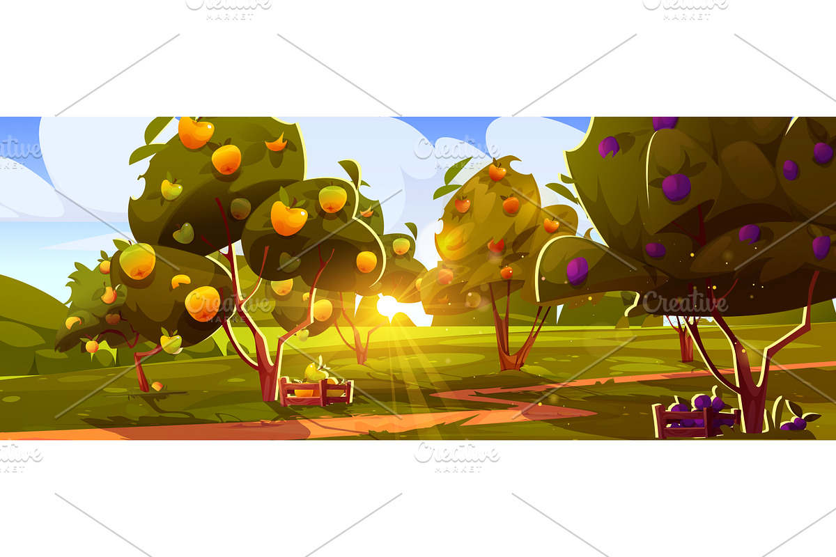Sunny orchard landscape with fruit, an Illustration by art PVP - market