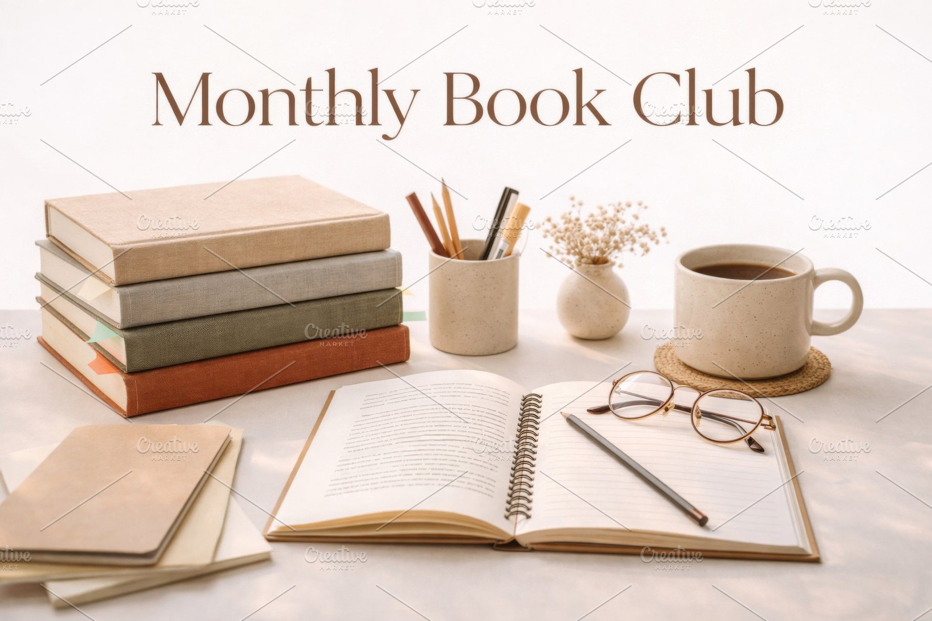 Book club setup with stacked books,, a Photo by Dvoevnore photos
