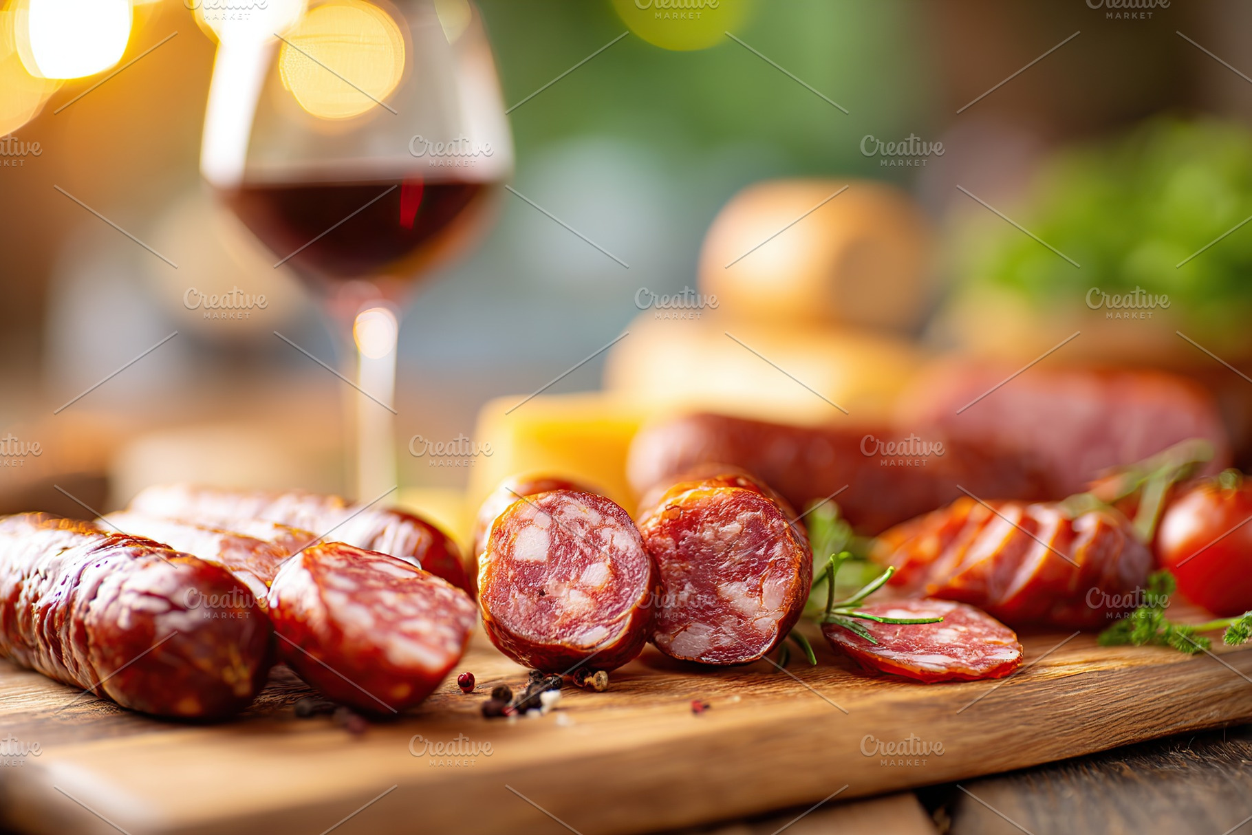 Delicious assortment of smoked sausages and wine on a wooden board at an outdoo, a Food & Drink Photo by AlyaAnd