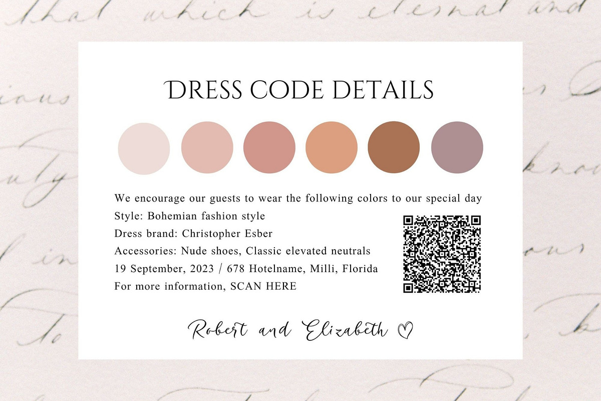 QR code wedding event attire card, a Card Template by EvaTemplates (Photo 4 of 5)