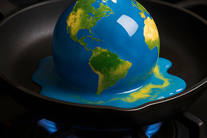 Earth globe melting inside frying pan with blue flames, an Abstract Photo by GoodGoods