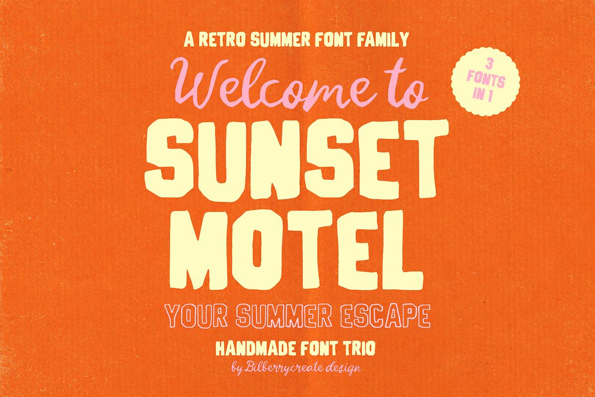 Sunset Motel Retro Summer Font Trio, a Handwritten Font by BilberryCreates (Photo 1 of 10)