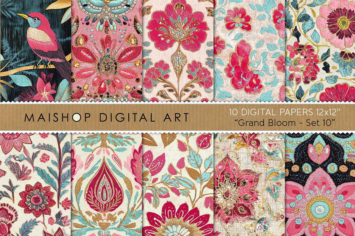 Floral Bird Embroidery Digital Paper, a Pattern Graphic by Maishop (Photo 1 of 3)