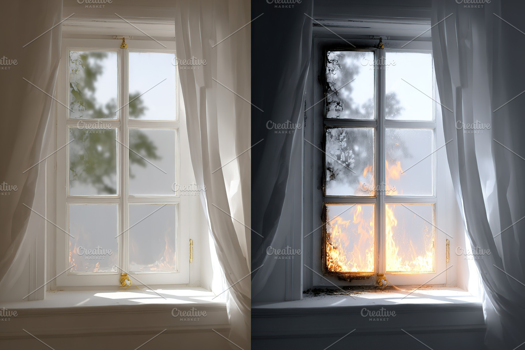 Left side displays an idyllic outdoor view through a window, while right side s, a Photo by AlyaAnd