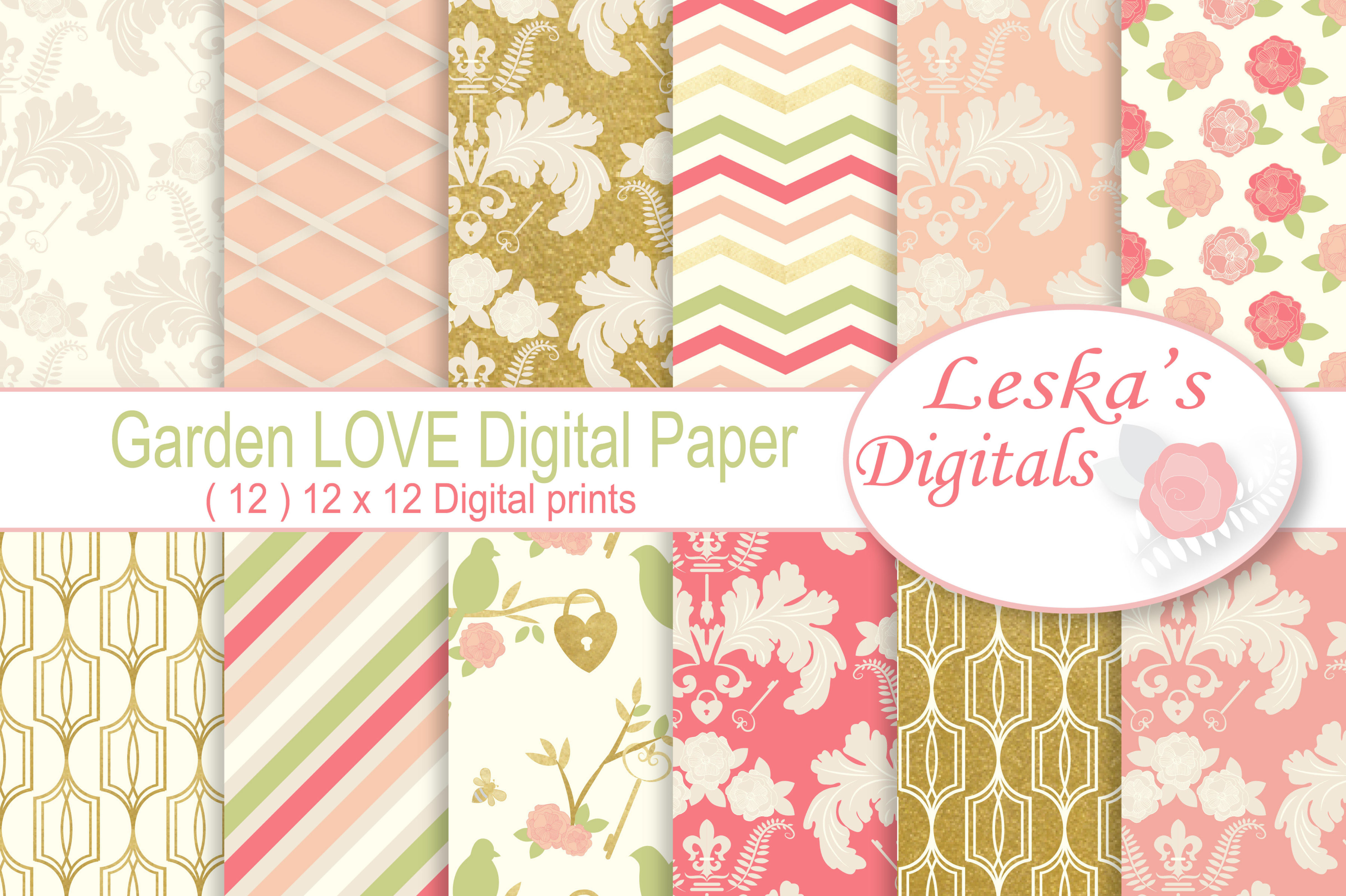Gold Floral Digital Paper, a Pattern Graphic by Leska's Digitals
