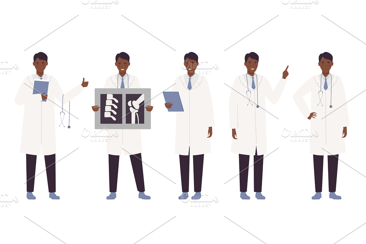Afro Male Doctor Posing in Various, a Healthcare Illustration by Flashvector