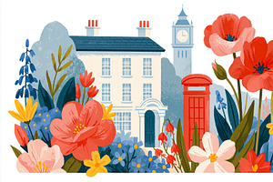 London street scene with Big Ben, a red telephone booth, old building, and vibr, an Illustration by Studio ANNA