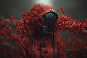 Futuristic figure in a red spacesuit with helmet, surrounded by, an Animal Photo by Ales Munt