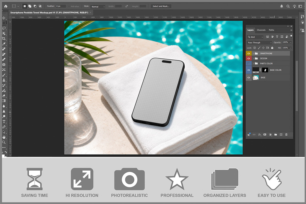 Smartphone Poolside Towel PSD, an iPhone Mockup by Bruno's Shop (Photo 2 of 3)