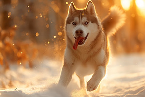 A Siberian Husky joyfully runs through the snowy forest, bathed in warm golden, an Animal Photo by ImageMir