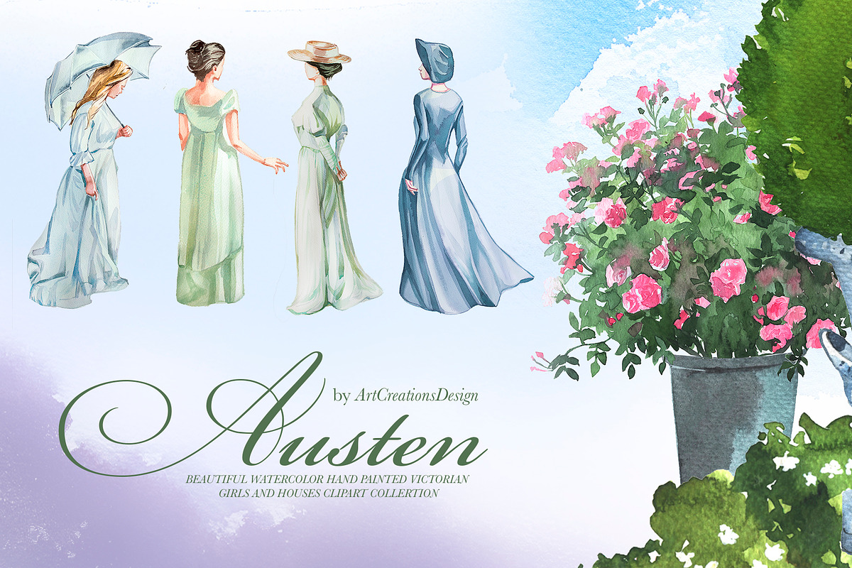 Watercolor Austen Clipart Set, a Person Illustration by ArtCreationsDesign (Photo 6 of 22)