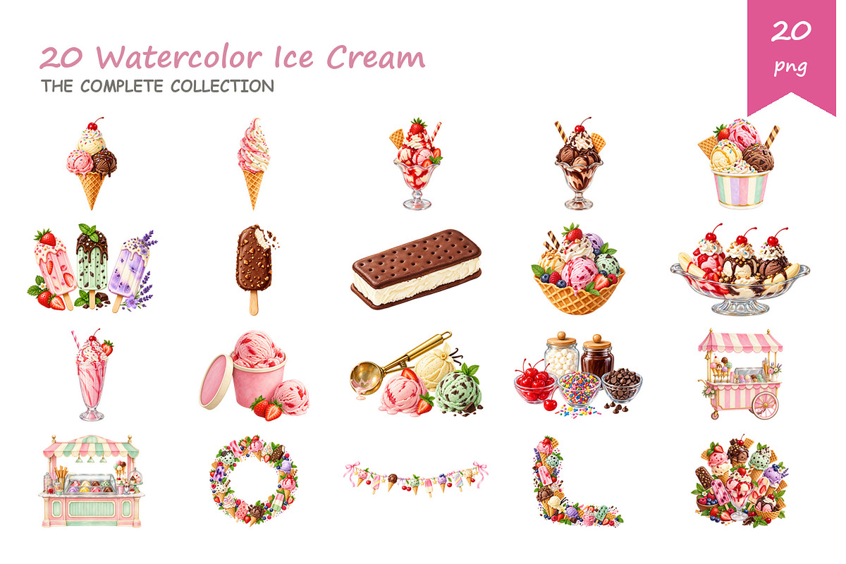 Watercolor Ice Cream Clipart, a Food Illustration by BerryPieArt (Photo 2 of 4)