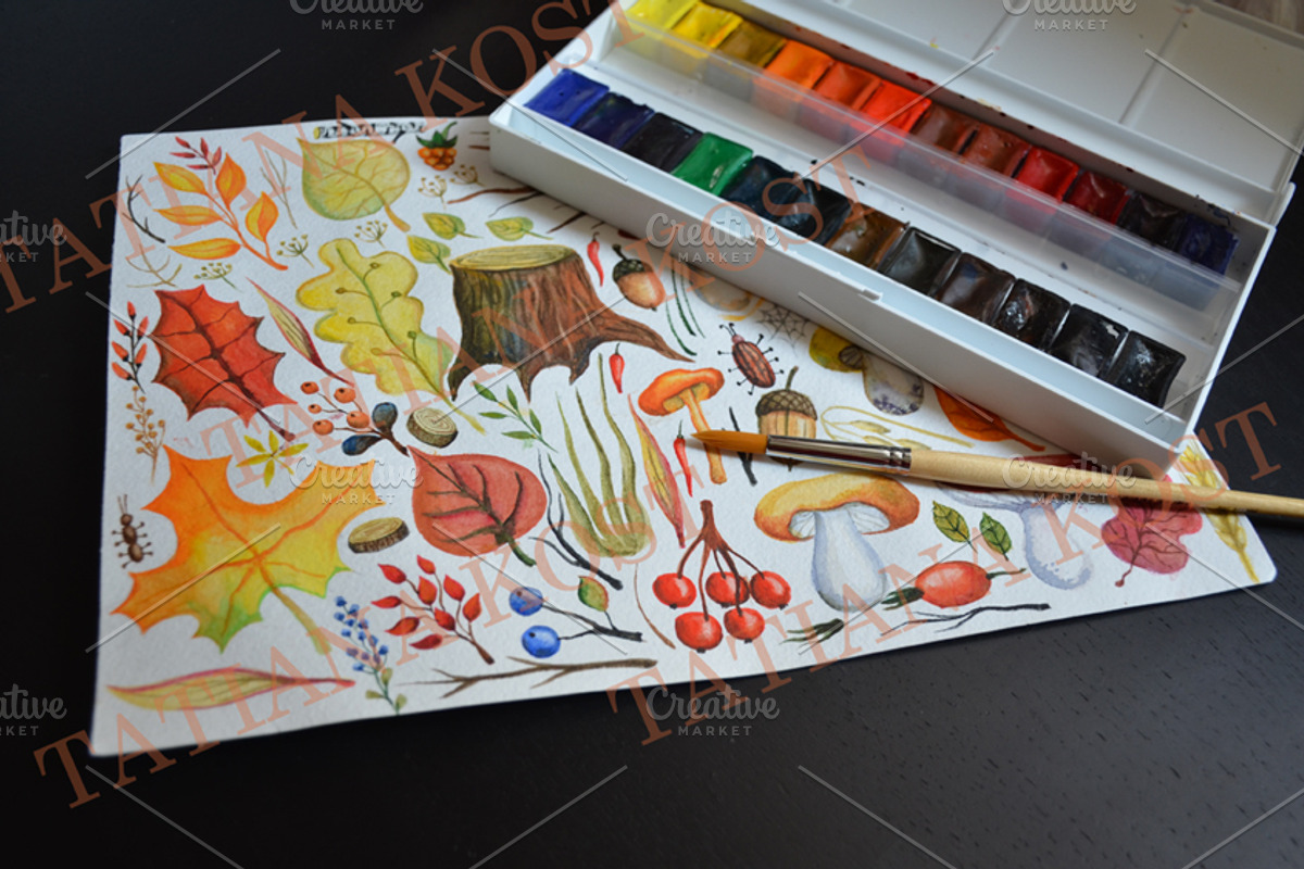 Watercolor set.Blue berries,branches preview 2