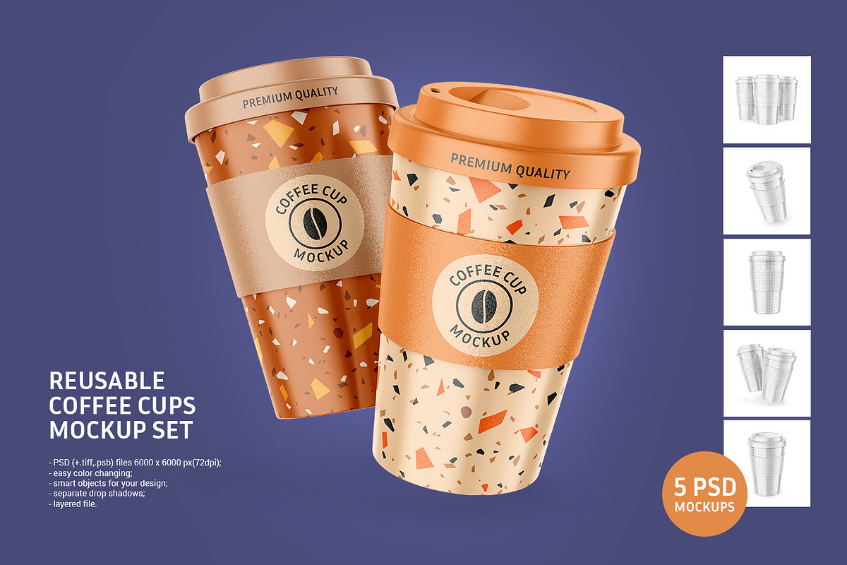 Reusable Coffee Cups Mockup Set, a Cups & Container Mockup by ShooShooShop (Photo 1 of 6)