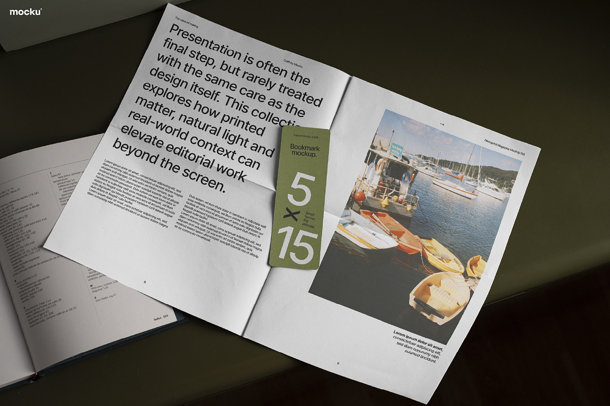 Bookmark & Newsprint Mockup, a Books & Magazine Mockup by Mocku (Photo 1 of 4)