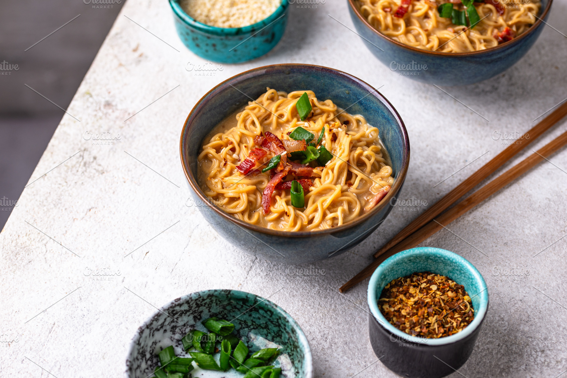 Korean trendy spicy carbonara ramen, a Food & Drink Photo by Yulia Furman