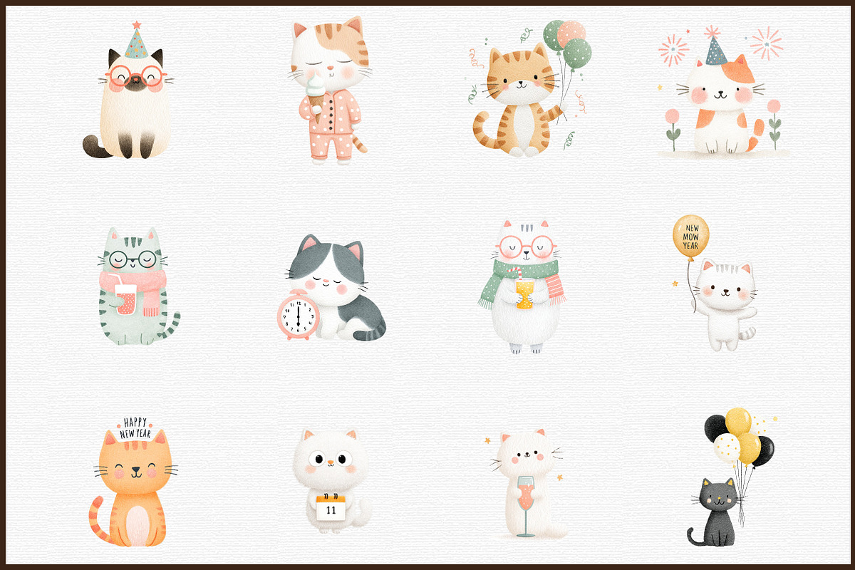New Year Cat Clipart, Party Graphics, an Illustration by Sublimation Artist (Photo 3 of 6)