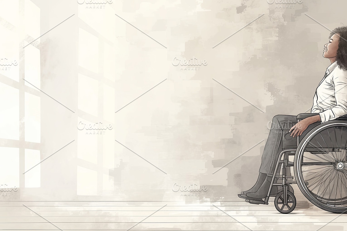 Confident young woman in wheelchair looking towards the bright window light, an Illustration by AS photostudio