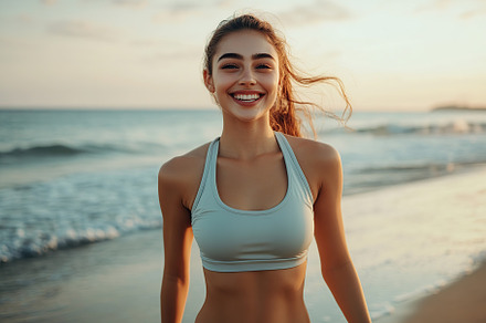 Smiling woman enjoying a peaceful walk along the ocean shore during sunset, a Person Photo by AlyaAnd