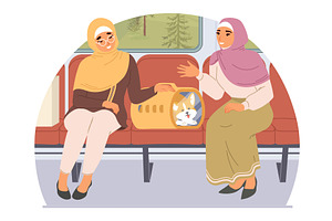 Two women sit on a train, engaged in, an Animal Illustration by SiberianArt