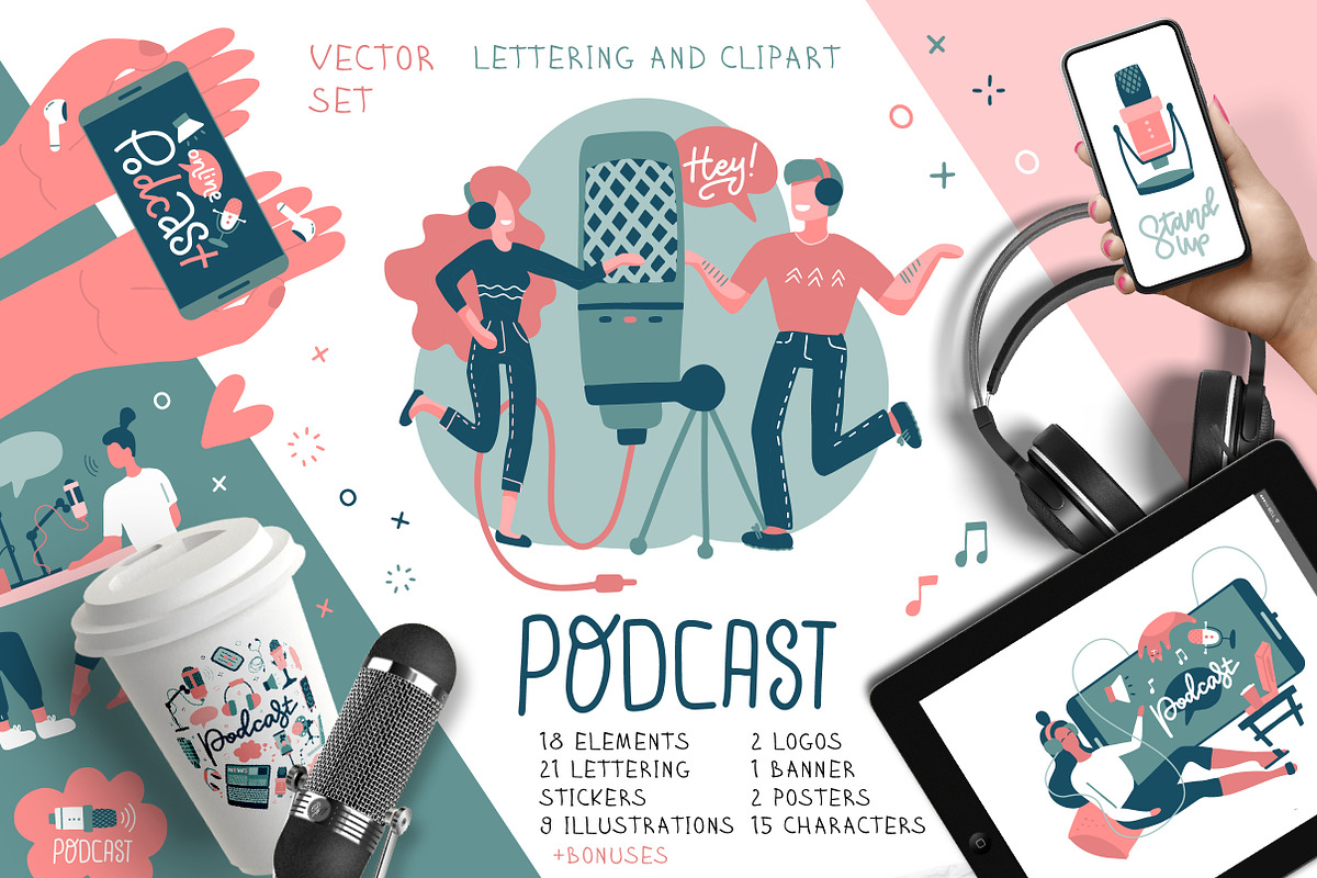 Podcast – vector cliparts set, an Object Illustration by Lana Sham (Photo 1 of 13)