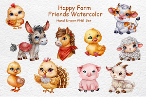 Happy Farm Friends Watercolor, an Animal Illustration by Watercolor dreams
