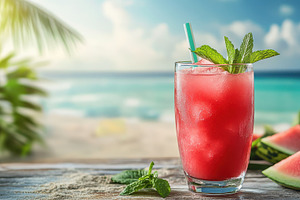 Refreshing watermelon drink on a rus, a Food & Drink Photo by Pixeness Studio