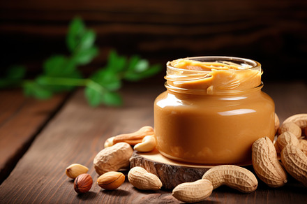Glass jar with peanut butter on wooden background, a Food & Drink Photo by AlyaAnd