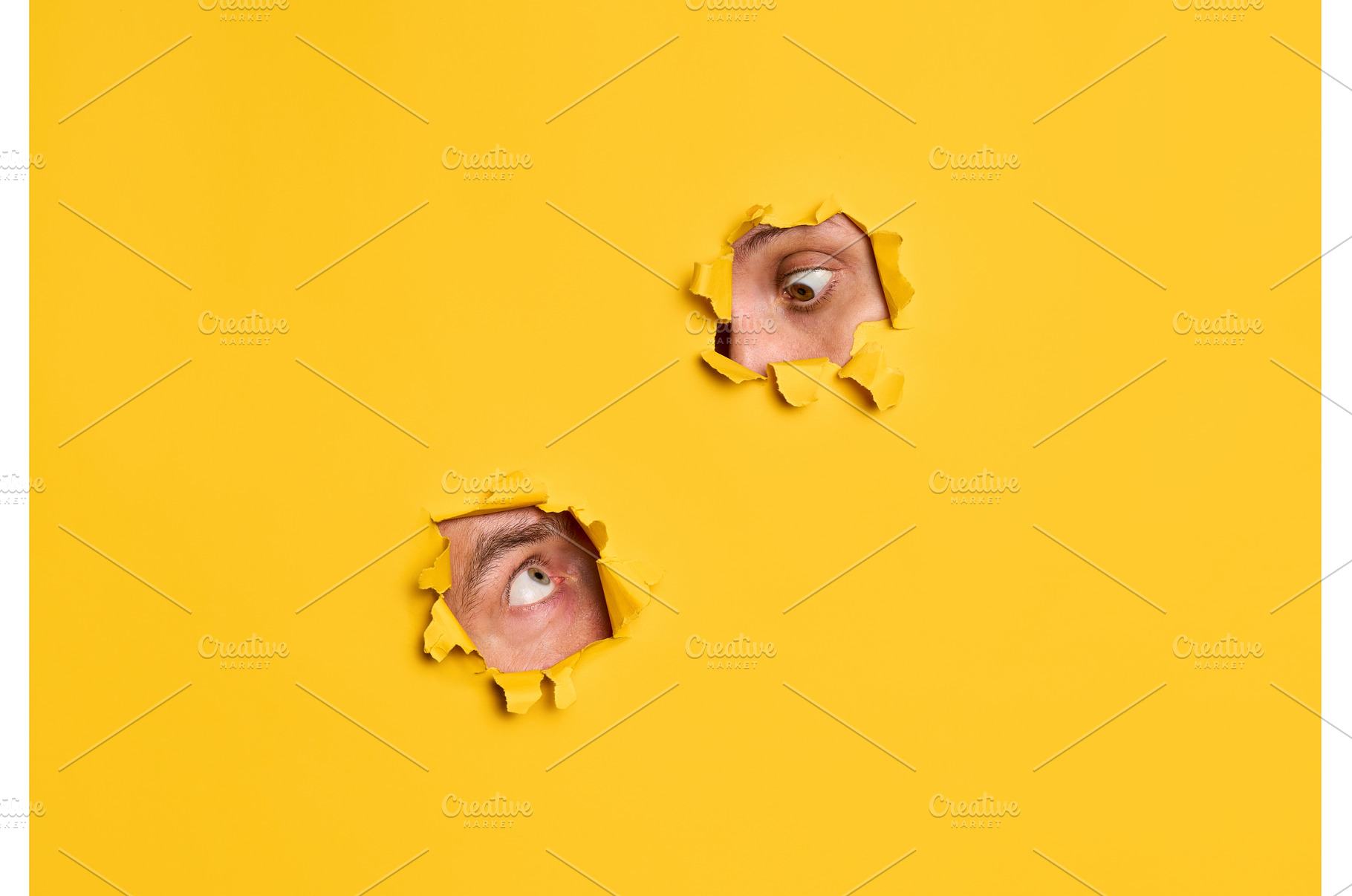 Human eyes peeking through yellow, an Abstract Photo by Gladkov photography