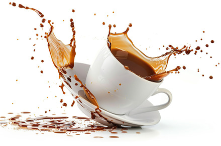 Cup of coffee with splashes isolated on white background, a Food & Drink Photo by AlyaAnd