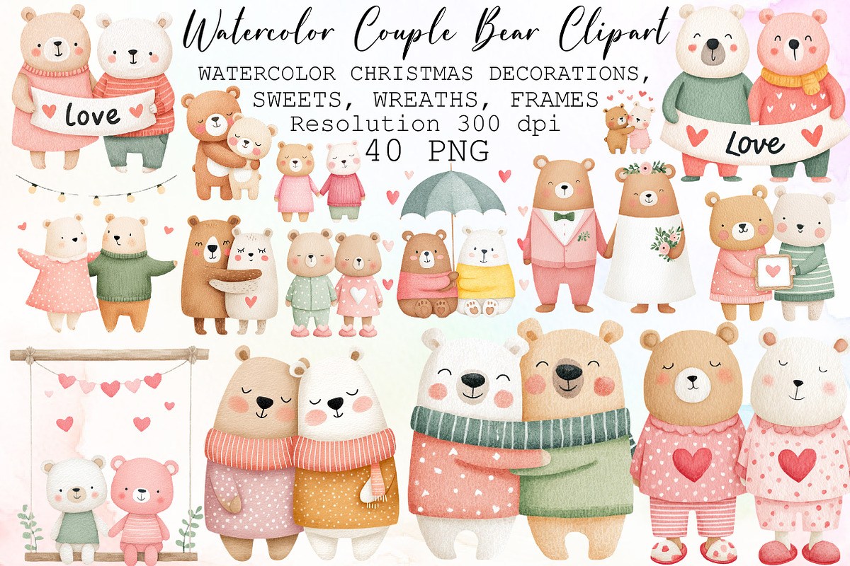 Watercolor Couple Bear Clipart, an Animal Illustration by Sublimation Artist (Photo 1 of 6)