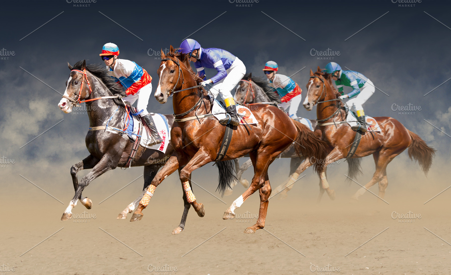 Four racing horses neck to neck in fierce competition for the finish line, a Sports & Recreation Photo by dotana.van.lee