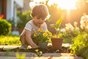 Toddler Planting Flowers in Sunny Garden, a Person Photo by Davizro's Market